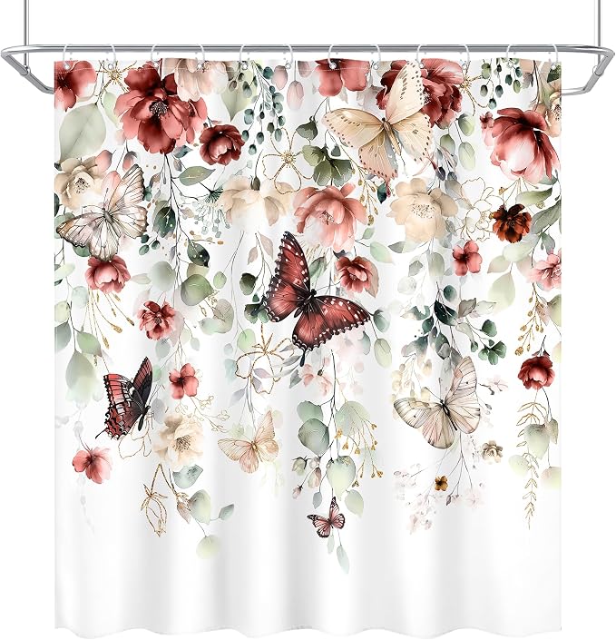 Red Floral Butterfly Summer Spring Plant Bathroom Shower Curtain Set | 72"W x 72"L Natural Gold style, clear shower print, fast-dry fabric and hooks for a simple bath update.