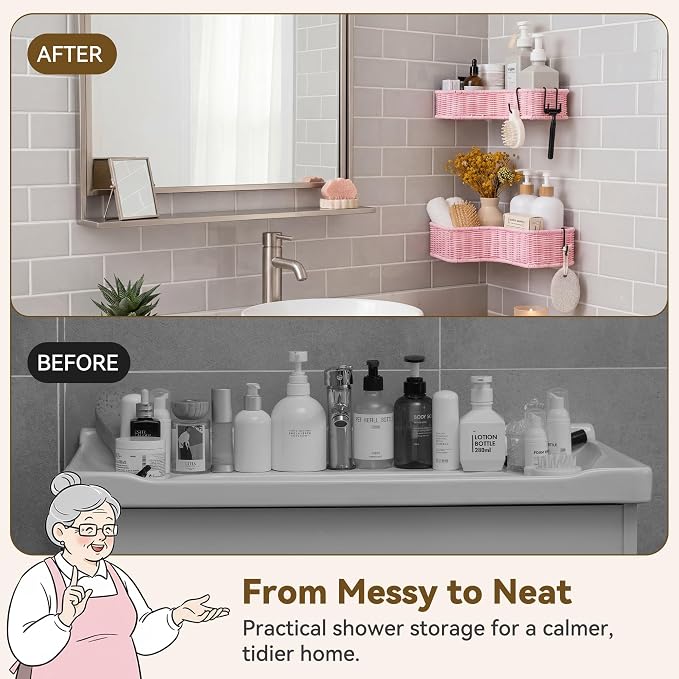 GRANNY SAYS Wicker Corner Showers Caddy Hanging, Bathroom Showers Organizer | Pink Shower Shelf for Inside Showers, Adhesive Shelf for Storage, Bathroom Shelves Wall Mounted with 4 Hook for Decor,2 Pack