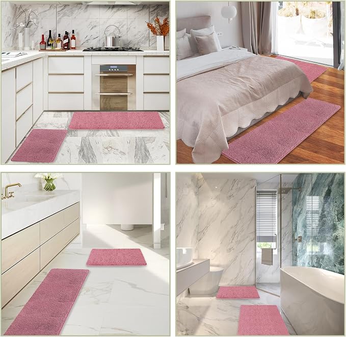 Bathroom Rugs Sets 2 Piece – Absorbent and Washable Bath Mat, Non-Slip, Thick Soft Chenille Bath Rugs for Bathroom Floor, Shower, Sink(17" x 24"+17" x 47", Dusty Rose)