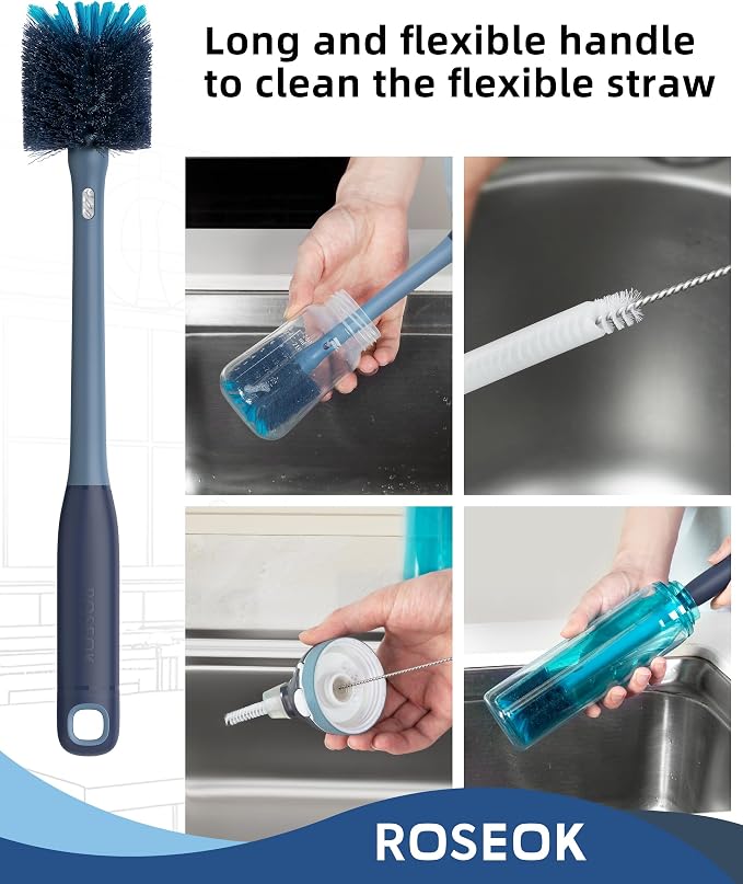 ROSEOK 2 in 1 Bottle Brush with Straw Cleaner Brush, Water Bottle Brush | For Cleaning Glass, Sports Bottle, Coffee Mug, Cup Cleaner, Grayish Blue, 2 Pack