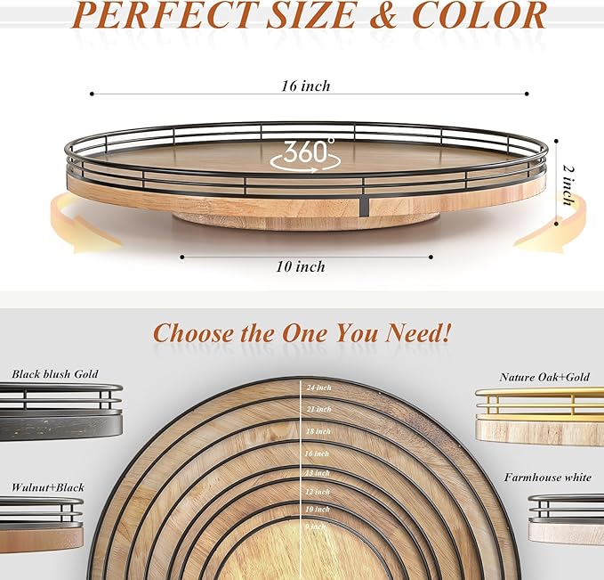 AMH 16-Inch Farmhouse Oak Lazy Susan Organizer for Table and Cabinet | Smooth rotating oak tray with walnut finish for dining tables, kitchen counters, pantries and cabinet storage.