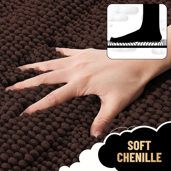 OLANLY Thick Bathroom Runner Rugs 47x17, Soft Chenille Bath Rugs, Brown | Absorbent Striped, Rubber Backing, Machine Wash, Long Bath Mats for Bathroom Floor, Tub and Shower, Home Decor Accessories
