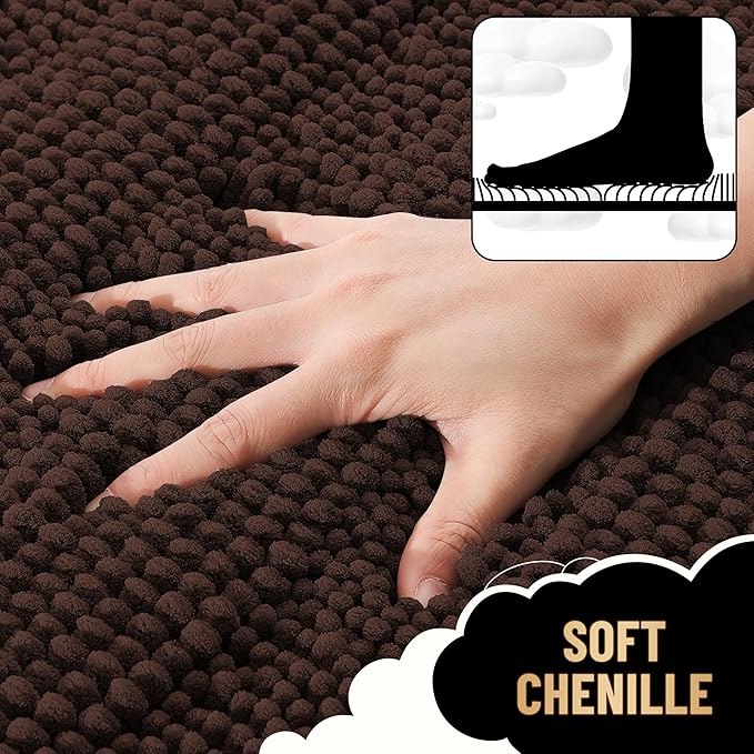 OLANLY Thick Bathroom Rugs 30x20, Soft Chenille Striped Bath Rugs, Brown | Rubber Backing, Machine Wash, Extra Absorbent Bath Mats for Bathroom Floor, Tub and Shower, Home Decor Accessories