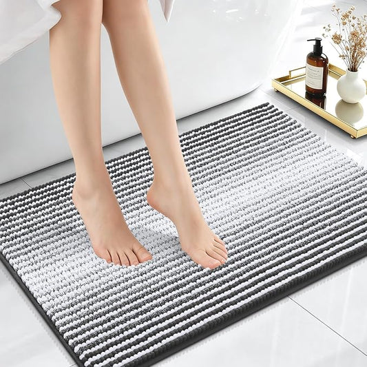 OLANLY Small Bathroom Rugs 24x16, Chenille Striped Bath Rugs, Dark Grey | Extra Soft Absorbent, Rubber Backing, Machine Wash Dry, Bath Mats for Bathroom Floor, Tub and Shower, Home Decor Accessories