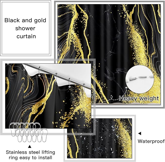 21PCS Bathroom Sets with Shower Curtain and Rugs Bathroom Accessories Set Black Bathroom Set Complete with Trash Can, Toilet Brush, Qtip Holder & 3PCS Soap Dispenser