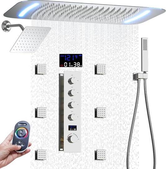 AYIVG Chrome Multi Functions Thermostatic Concealed Shower System 16 X 26 Inch And 8 inch Ceiling Dual Rainfall Shower Heads System Fixtures With Body Jets And Handheld Shower Faucet Set