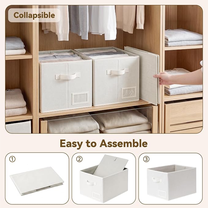 GRANNY SAYS Closet Storage Bins with Label, Pearl White, Large, 3-Pack | Fabric Bins, Closet Organizers and Storage Shelves, Storage Baskets for Closet Organization