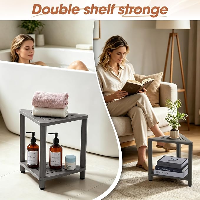 Corner Shower Stool with Storage Shelf, HDPS Waterproof Shower Foot Rest for Shaving Legs, 2-Tier Triangle Bathroom Stool for Inside Shower, Non-Slip Small Shower Bench, Gray
