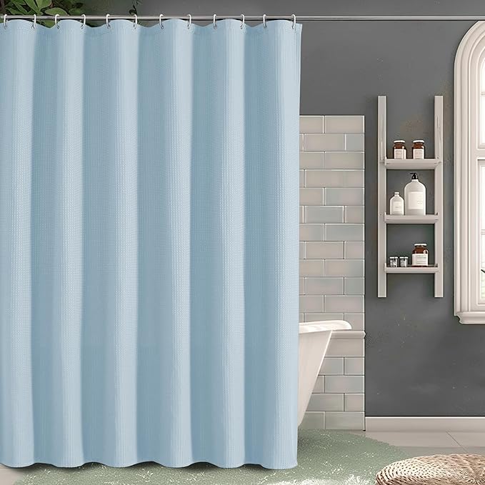 Waffle Shower Curtain Set for Bathroom, Textured Heavy Duty Fabric Bath Curtains, Luxury Hotel Weighted 230GSM Bathroom Decor with 12 Plastic Hooks, Machine Washable, 72Wx72L, Glacier Blue