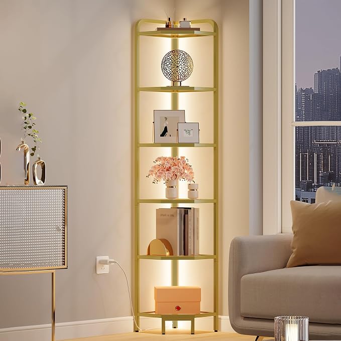 Hzuaneri Corner Shelf with LED Lighting, 6-Tier Glass Bookshelf | Steel Frame, Tempered Glass, Modern Style Corner Shelf, Suitable for Living Rooms, Bedrooms and Games Rooms CS09699G