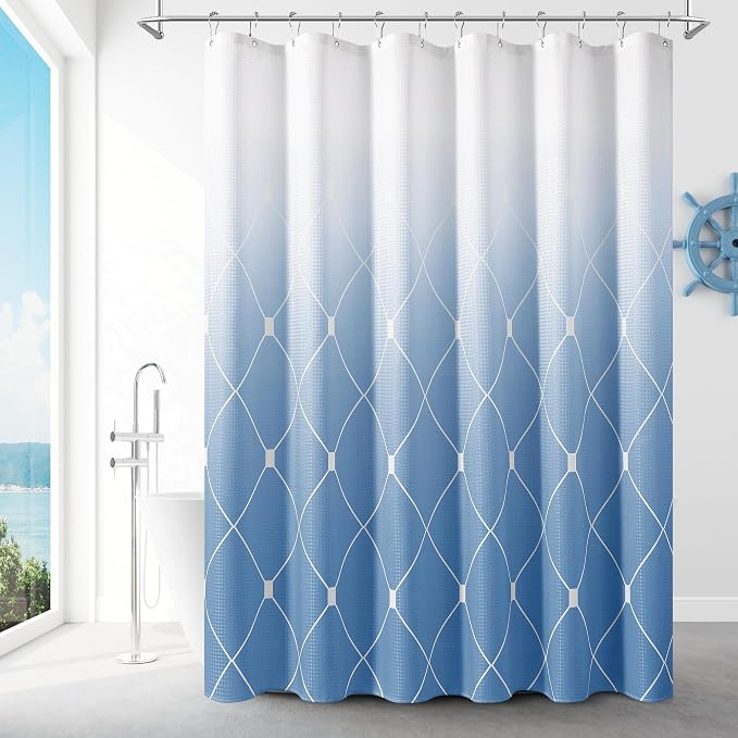 Grey Blue Shower Curtain 78 Inch Long Modern Geometric Blue and White Ombre Shower Curtains Set for Bathroom Luxury Hotel Style Bath Decor, No Need Liner with Hooks Set Washable 72x78