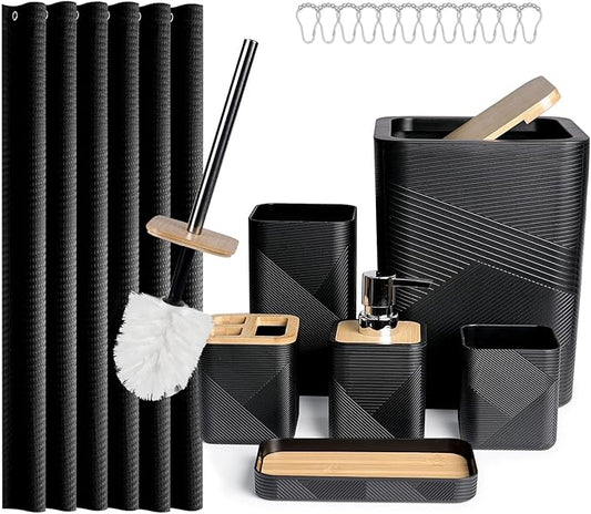 CERBIOR Bamboo Bathroom Accessory Set with Shower Curtain,Black,20PCS | Spiral Set Includes Shower Curtain,Soap Dispenser, Toothbrush Holder, Toothbrush Cup, Soap Dish for Decorative and House Gift