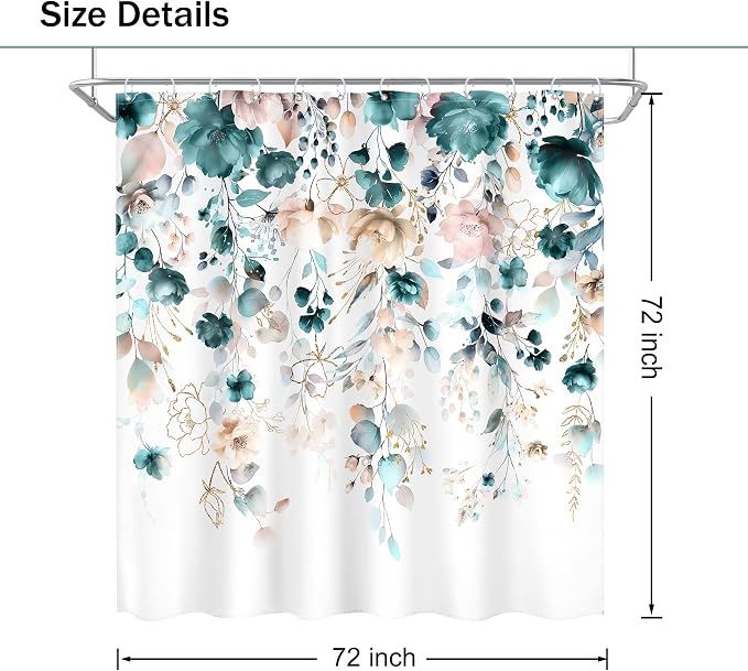 Floral Teal Green Eucalyptus Leaf Rustic Bathroom Shower Curtain Set | 72"W x 72"L Flower Watercolor style, clear shower print, fast-dry fabric and hooks for a simple bath update.
