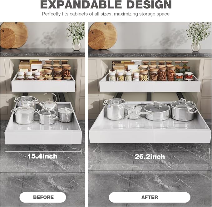 Seinloes 2 Pack Pull Out Cabinet Organizer 22" Deep,Full Extension 3 Slide Rails Slide Out Drawers With Raising Pad for Framed Cabinets,Expandable Width (15.4"-26.2"),No Drill Roll Out shelf,White