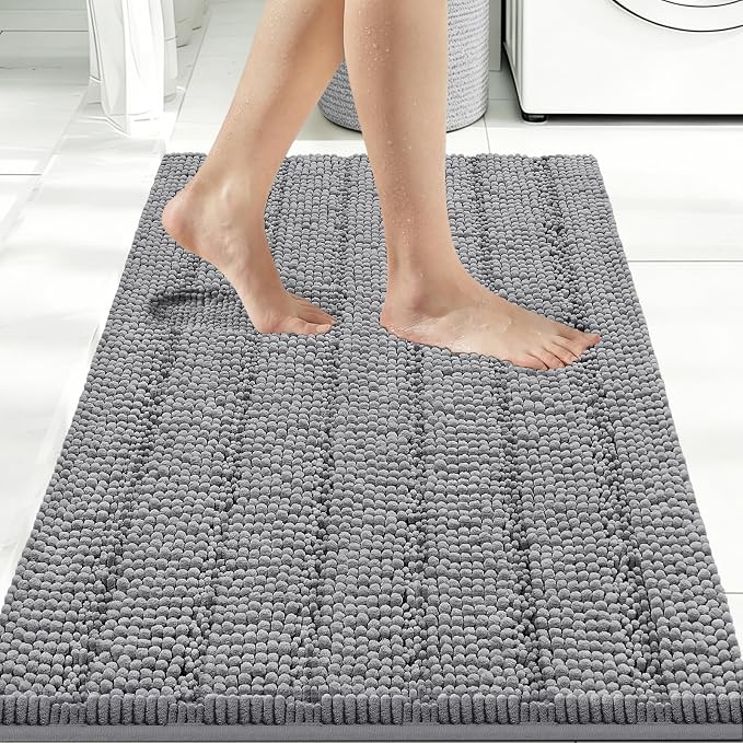 Bcoimo Bath Rug Mat,36x24 Chenille Non Slip Gray Bathroom Floor Shower Mats | Extra Soft Bathroom Rugs;Non Slip with Rubber Backing Bath Mats;High Absorbent And Quick Dry Microfiber mat; Machine Washable