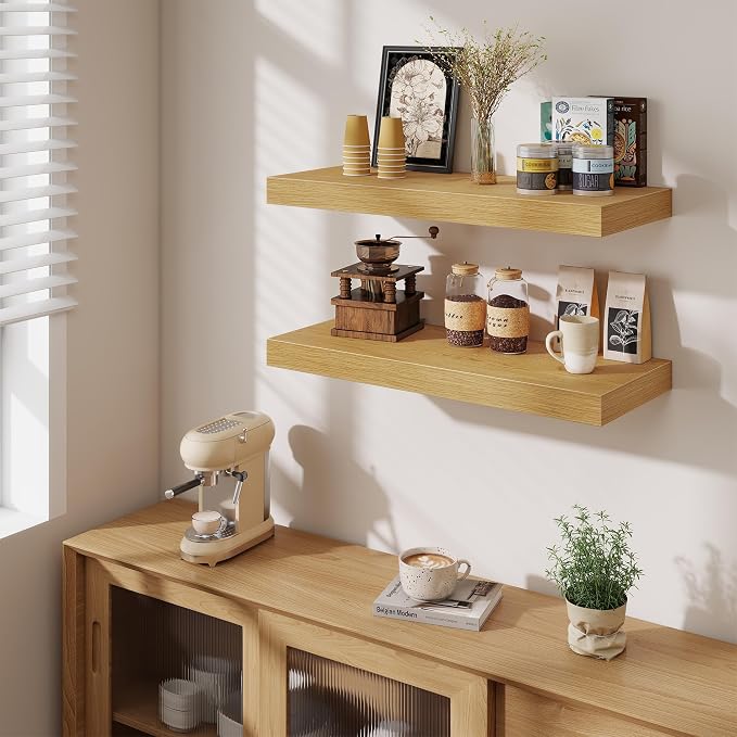 Fun Memories 12 Inch Deep Floating Shelves for Wall, 30 Inch Long Floating Shelf, 30 x 12 Shelf for Wall, Rustic Wood Bookshelves, Hanging Shelves for Bathroom Kitchen Bedroom, Oak, Set of 2