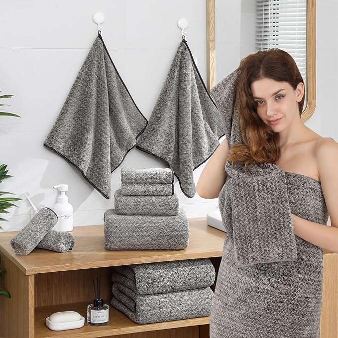 Ycosy 18 Piece Bath Towels Set,100% Microfiber Family Bathroom Towel with Hanging Loops-6 Bath Towels,6 Hand Towels,6 Washcloths,Quick Dry Highly Absorbent Shower Towel for Bathroom,Hotel,Spa-Brown
