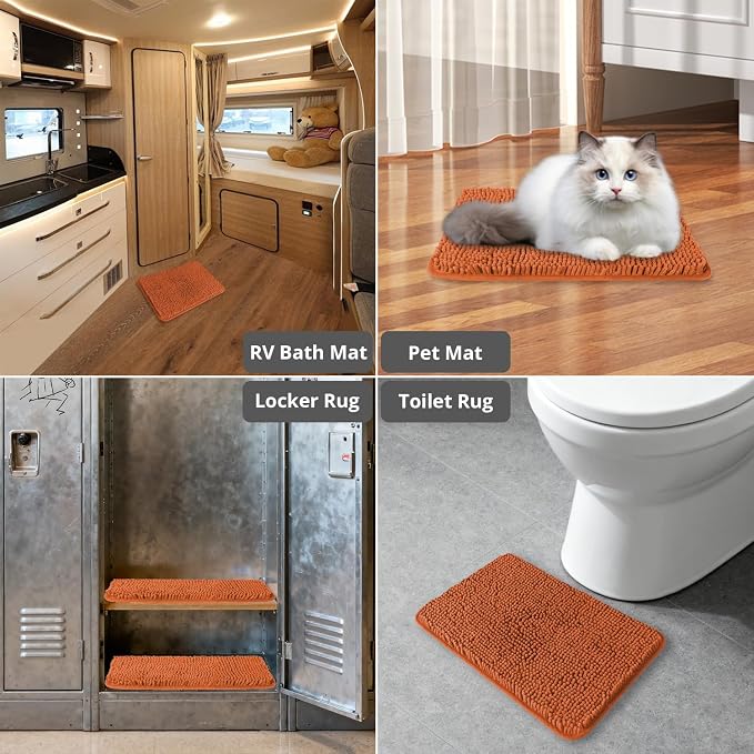 Small Bathroom Rug 12"x18" – Washable and Absorbent Bath Mat, Non Slip, Thick Soft Chenille Bath Rugs for Bathroom, Shower, Sink, Dog mat(Burnt Orange)