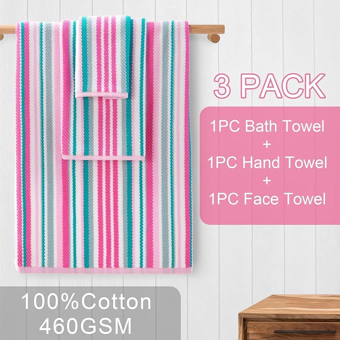 VOOVA & MOVAS Striped Towels 3 Pack, 100% Cotton, Pink Aqua | Perfect for Bathroom & Guest Space, 13x13, 16x27, 28x52 In, Quick Dry, Bath Towels with Hanging Loops, Absorbent
