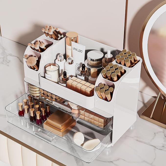 Delamu Large Makeup Organizer Countertop with 6 Brush Holders, White | Vanity Organizer with 2 Drawers, Gift for Women & Girls, Holds Perfume, Skincare, Lipstick, Nail Polish & Hair Accessories