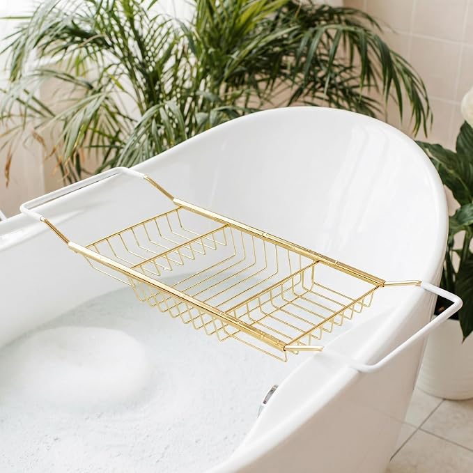 Cabilock Luxury Stainless Steel Bathtub Caddy Tray - 24.8in Expandable Modern Bath Rack for Tub with Wine Glass & Book Holder - Rustproof Shower Organizer & Tablet Stand for Home Spa, Gold