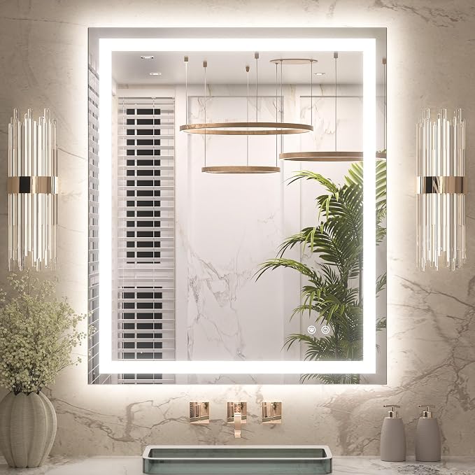 Keonjinn 30x36 Inch LED Bathroom Mirror with Lights, 3-Color Temperature | HD Tempered Grass, Frontlit & Backlit & Stepless Dimmable Lighting, Fast & Safe Defogging, Effortless Installation