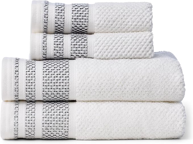 Texere 100% Organic Cotton Rice Weave Jacquard 700 GSM Luxury Bath Towel Sets - 2 Hand Towels, 2 Washcloths (Rice Weave, BRT Wht w/Blk, 2 Hand & 2 Wash Towels)