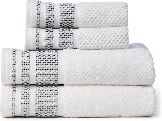 Texere 100% Organic Cotton Rice Weave Jacquard 700 GSM Luxury Bath Towel Sets - 2 Hand Towels, 2 Washcloths (Rice Weave, BRT Wht w/Blk, 2 Hand & 2 Wash Towels)