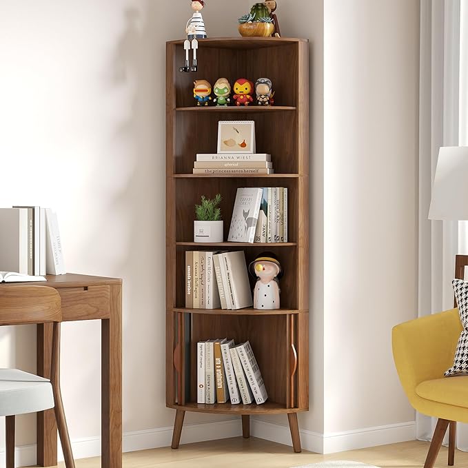 66'' Tall Corner Bookshelf with 2 Fluted Sliding Doors,Walnut | 5-Tier Corner Shelf, 5 Shelf Bookcase,Mid-Century Modern,Freestanding Display Storage Organizer for Living Room,Office