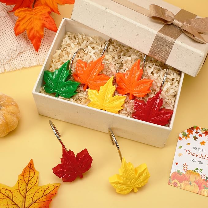 Fall Shower Curtain Hooks 12 Pcs Decorative Maple Leaf Rings Halloween | Resin Metal Standard Size, Smooth Gliding Rust Proof, Autumn Theme 12 Pack, Bathroom Thanksgiving Halloween Decor