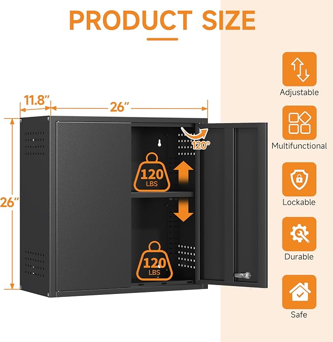 Metal Garage Wall Cabinet with 2 Doors and 1 Adjustable Shelf,Lockable Floating Tool Cabinet with Pegboard,Black Steel Storage Cabinet for Kitchen,Office,Garage,Laundry,Warehouse(Black, 26" H)
