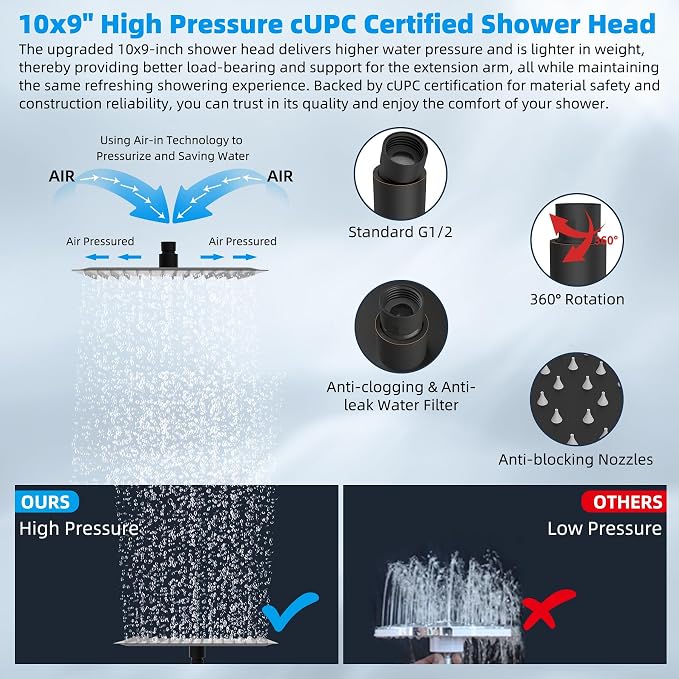Hibbent 10'' Rain Shower Head with 16'' Extension Arm, Oil Rubbed Bronze | cUPC Certified High Pressure Rainfall Showerhead with Solid Brass Adjustable Shower Head Extension Arm, Fixed Showerheads