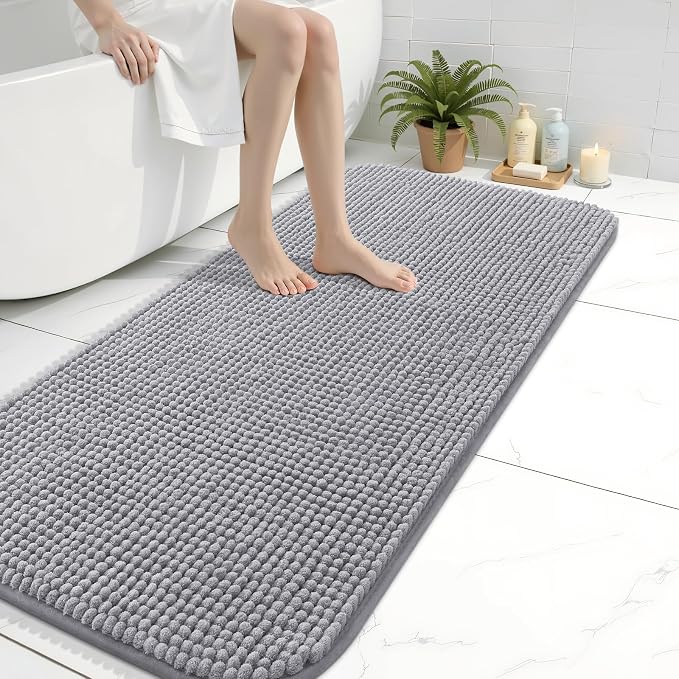 Arotive Chenille Bathroom Rugs 44x24, Soft Absorbent Bath Mat, Grey | Rubber Backing, Machine Washable Dry Bath Mats for Bathroom Floor, Tub and Shower, Home Decor Accessories