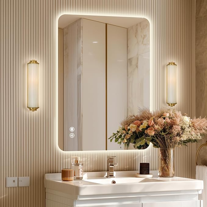 36''x24'' Lighted Mirrors for Bathroom Wall Backlit Rectangular Rounded Corners, LED Bathroom Mirror Frameless with Lights Anti Fog, Dimmable, 3 Colors,Tempered Glass, Shatter-Proof (Color 2)