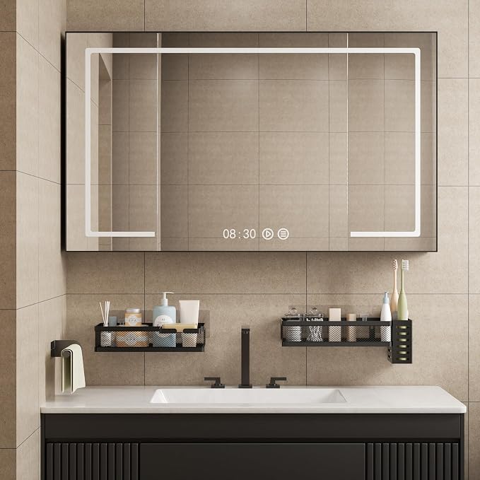 PUSDON 5-in-1 Wide Wall Mount Wrapped Mesh Kitchen Organizer & Shower Caddy Kit, with Paper Towel Holder, Utensil Holder, Soap Dish, Heavy Duty 50LBS - Matte Black, Netting