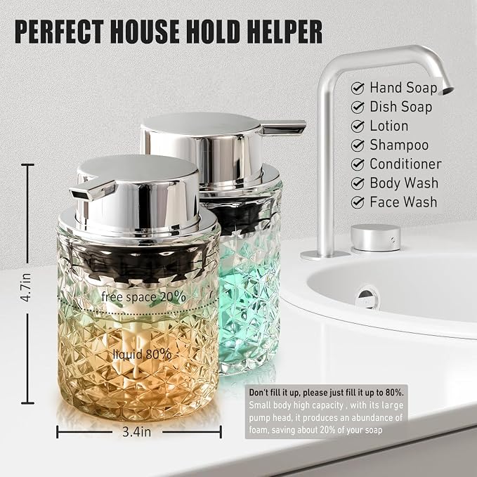 Malachi Foaming Hand Soap Dispenser, Refillable Clear Glass Foam Pump Bottle for Liquid Hand Soap, Dish Soap, Multi‑use for Bathroom, Kitchen & Commercial Use