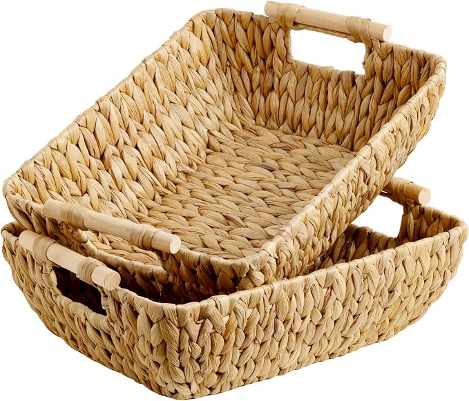 StorageWorks Hand-Woven Storage Baskets with Wooden Handles, Water Hyacinth Wicker Baskets for Organizing, 2 Pack | Wicker Storage Baskets For Shelves, Baskets With Wooden Handles, 2-Pack Gifts Basket For Home Decor, Hand-Woven Basket