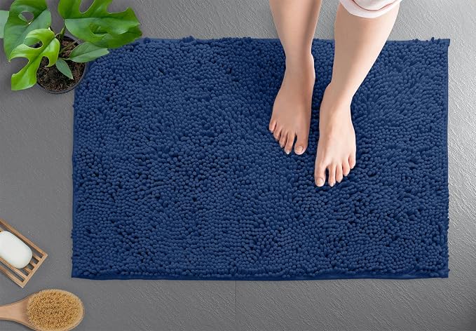 LuxUrux Bath Mat, Extra-Soft Plush Non-Slip Bathroom Rug, Luxury Chenille Microfiber Material, Super Absorbent Shaggy Bath Rug. Machine Wash & Dry (17 x 24 inches, Blue)