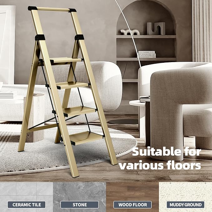 HillhutApex Aluminum 4 Step Ladder, Step Stool Foldable Ladder(Gold) | Stepladder with Handgrip,Anti-Slip Pedals,330lbs Capacity,Lightweight Folding Ladder for Home,Office,Libaray