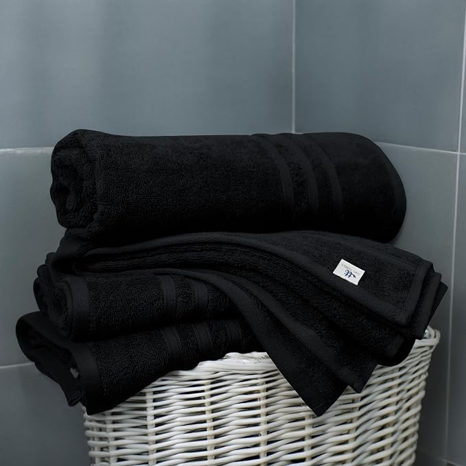 4 Piece Bath Towels 27x54 Inches, Black | 100% Cotton, Lightweight & Quick-Dry, Ideal for Daily Bathroom Use, Practical & Comfortable