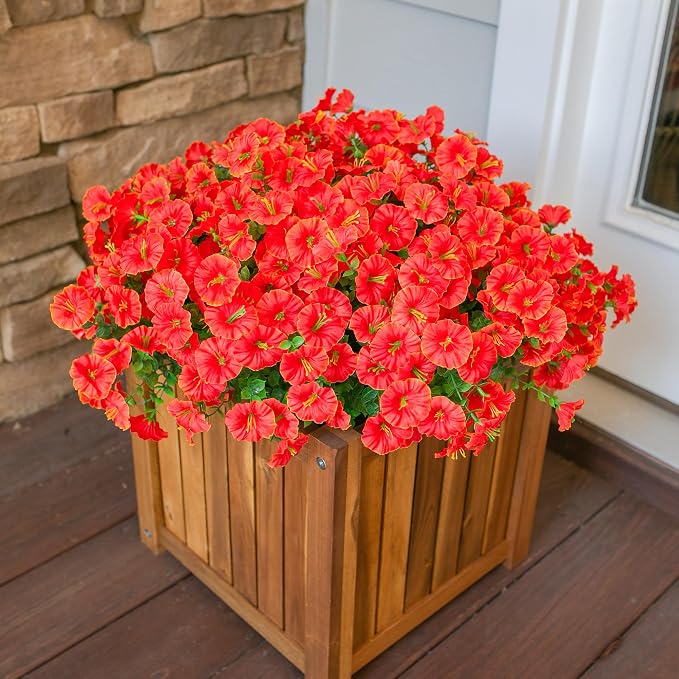 Artificial Flowers for Outdoors Fake Plants Spring Summer Decor, 12 Bundles Orange Silk Morning Glory with Eucalyptus Look Real UV Resistant Faux Flowers for Outside Planters Front Door Yard Indoor