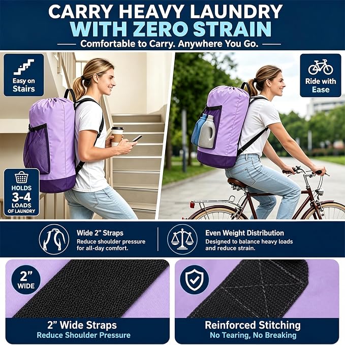 Backpack Laundry Bag, Durable polyster Laundry Backpack Bag with Shoulder Straps, Drawstring Closure & Mesh Pocket, Large Clothes Hamper for Dorm, Travel, Laundromat (Purple)