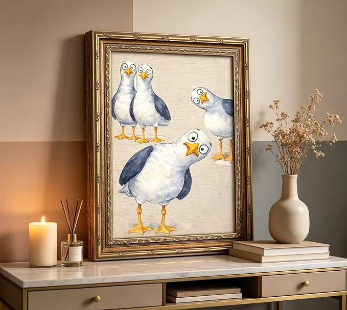 Vintage Gold Framed Funny Seagull Wall Art, Watercolor Cartoon Bird Canvas Print, Whimsical Coastal Wall Decor, Retro Style Funny Bird Poster Artwork,for Bathroom Bedroom Living Room,12x16in