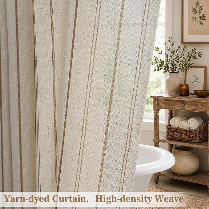 Yinhua Farmhouse Linen Shower Curtain with Ruffle, Vintage Striped Long Shower Curtains Set for Bathroom, Tan Waterproof Bath Curtain with 12 Metal Hooks, Heavy Duty Washable Cloth, 72" W x 84" L