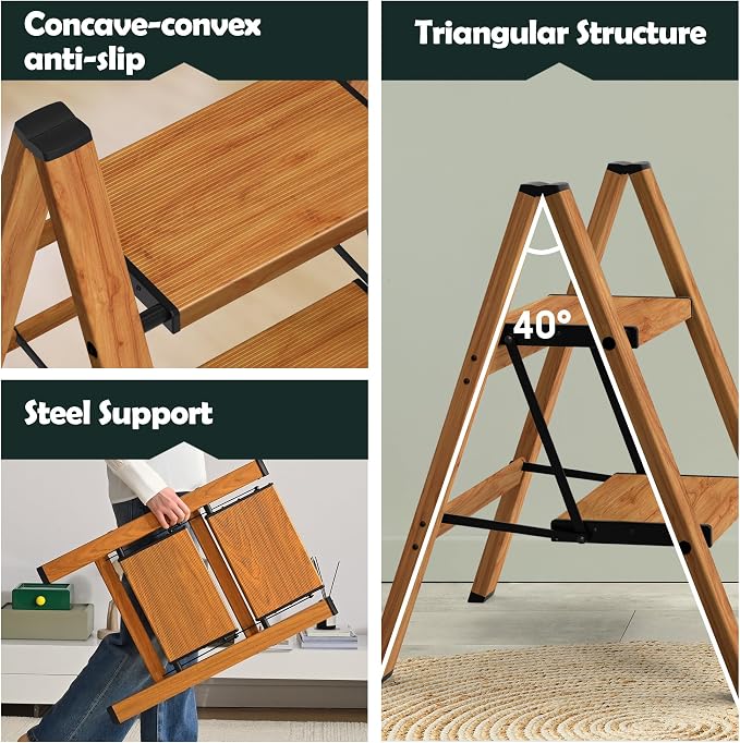 Taranta 2 Step Stool Foldable,Aluminum Step Ladder-Woodgrain | Lightweight,Wide Anti-Slip Pedals,Folding Step Stool,330lbs Capacity Stepladder for Household,Kitchen,Office