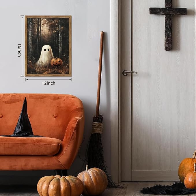 Framed Vintage Halloween Ghost Wall Art, Cute Ghost with Pumpkin Lantern Canvas Print, Retro Dark Halloween Forest Poster, Whimsical Wall Decor for Living Room Bedroom Hallway, 8x10in