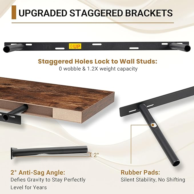 Vivelove Deep Floating Shelves 48x12” Set of 2, Rustic Brown | Easy Install With Hardware, 2" Thick, Invisible Brackets, Wall Mounted, No Sagging, For Any Room