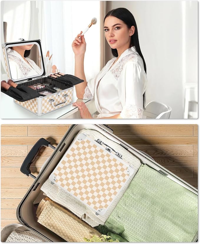 Relavel Makeup Bag with LED Mirror, Makeup Box Travel Train Case with Lighted Mirror & Adjustable Dividers, Cosmetic Brush Organizer Storage for Makeup Artists Gifts for Women and Girls (Plaid, Small)