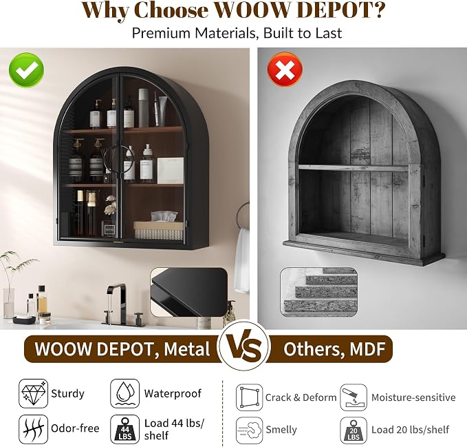 Arched Wall Cabinet with Clear Glass Door, NO Assembly | Metal Frame, 12MM Wooden Shelves, Handcrafted Arched Design, 40-lb per Tier, 5MM Tempered Glass, for Bathroom Wall Medicine