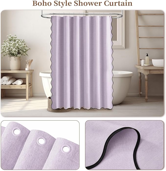 72x90 Boho Scalloped Linen Textured Cloth Shower Curtain Set, Lavender | Long Size, 230GSM Waterproof Polyester, Heavy Duty Fabric, 12 Plastic Hooks, Elegant Modern Farmhouse Style, Machine Washable